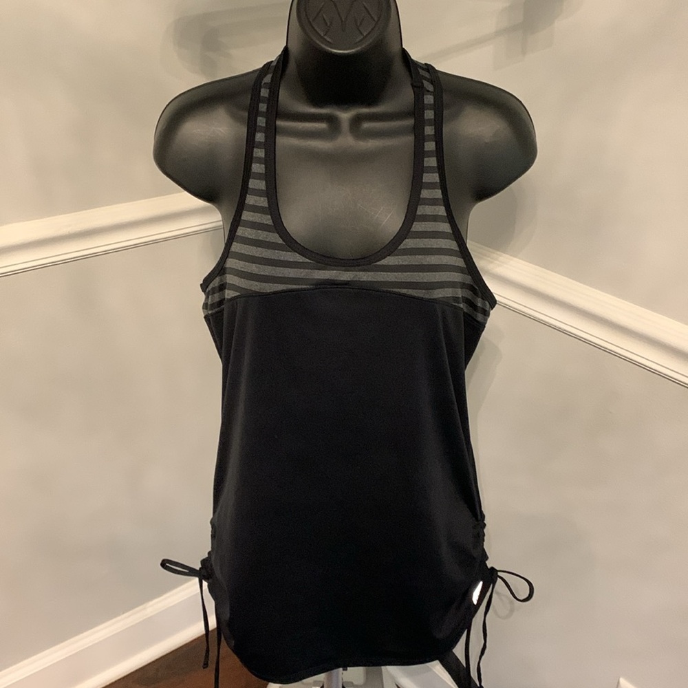 Marika Black and Gray Striped Ruched Tank Top Size M